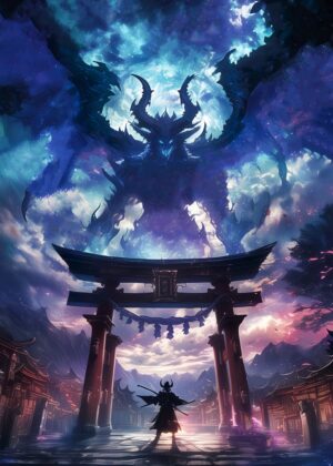 Fantasy Demon Lord Emerging from the Torii Gate - Premium Wooden Framed Poster. Ready to Hang.