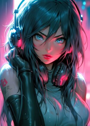 Cyberpunk Soldier Girl: Digital Art Print - Premium Wooden Framed Poster. Ready to Hang.