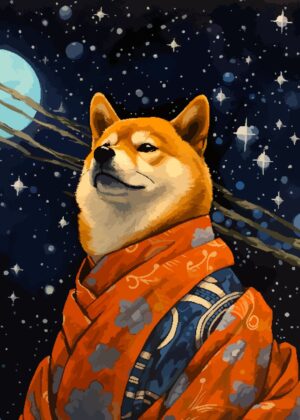 Shiba Inu Sakura Pixel Art: Celestial Doge - Premium Wooden Framed Poster. Ready to Hang.