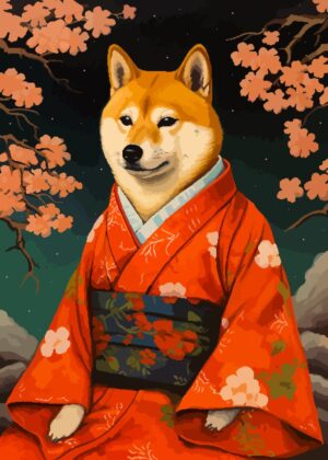 Shiba Inu in Kimono: Pixel Art Print - Premium Wooden Framed Poster. Ready to Hang.