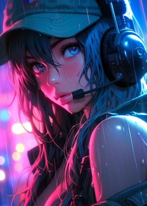 Cyberpunk Rain: Street Style Anime Girl Art Print - Premium Wooden Framed Poster. Ready to Hang.
