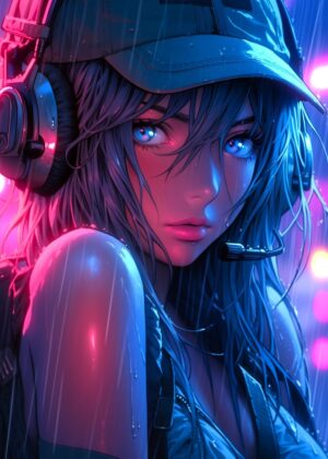 Cyberpunk Rain: Cute Anime Girl Art Print - Premium Wooden Framed Poster. Ready to Hang.