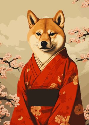 Shiba Inu in Kimono: Pixel Art Print - Premium Wooden Framed Poster. Ready to Hang.