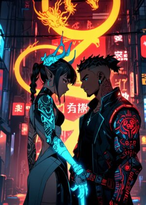 Cyberpunk Romance: A Digital Love Story - Premium Wooden Framed Poster. Ready to Hang.