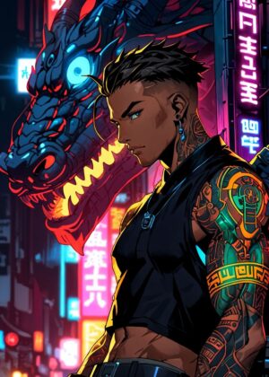 Anime Cyberpunk Cyborg Boy Art Print - Premium Wooden Framed Poster. Ready to Hang.