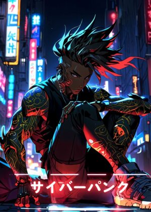 Cyberpunk Anime Boy Art Print - Premium Wooden Framed Poster. Ready to Hang.