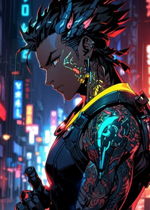 Anime Cyberpunk Cyborg Boy Art Print - Premium Wooden Framed Poster. Ready to Hang.
