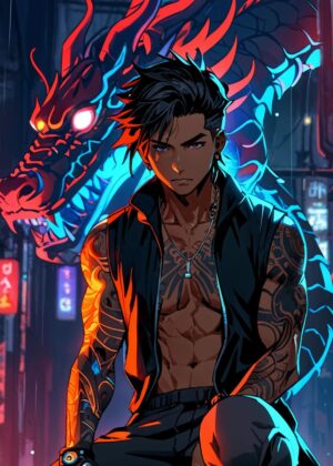 Anime Cyberpunk Cyborg Boy Art Print - Premium Wooden Framed Poster. Ready to Hang.