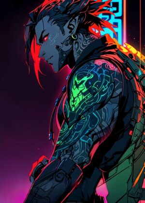 Neon Cyberpunk Anime Boy Art Print - Premium Wooden Framed Poster. Ready to Hang.