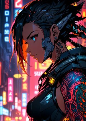 Anime Cyberpunk Girl: Neon City Nights - Premium Wooden Framed Poster. Ready to Hang.