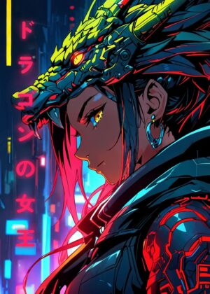 Cyberpunk Dragon Girl Anime Art Print - Premium Wooden Framed Poster. Ready to Hang.