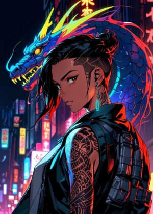 Anime Cyberpunk Girl: Neon Nights - Premium Wooden Framed Poster. Ready to Hang.