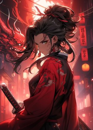 Fiery Anime Girl with Katana: Red Dragon Art - Premium Wooden Framed Poster. Ready to Hang.