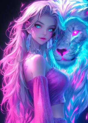 Neon Lion Girl: A Vibrant Fantasy Artwork - Premium Wooden Framed Poster. Ready to Hang.