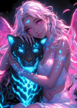 Neon Panther Girl: Fantasy Art Print - Premium Wooden Framed Poster. Ready to Hang.