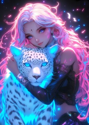 Neon Leopard Girl: Anime Fantasy Art Print - Premium Wooden Framed Poster. Ready to Hang.