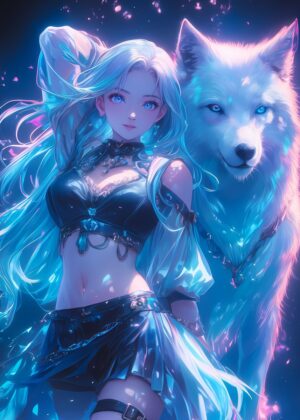 Neon Dreams: Girl and Wolf Art Print - Premium Wooden Framed Poster. Ready to Hang.