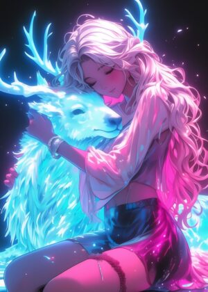 Neon Dreams: Girl Embraces Glowing Deer - Premium Wooden Framed Poster. Ready to Hang.