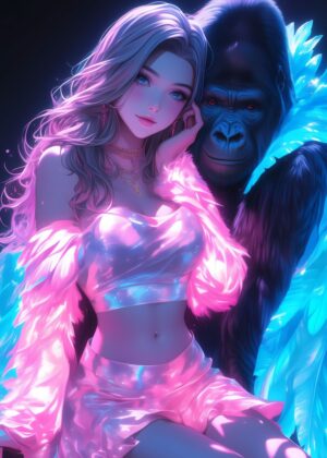 Neon Dreams: Girl and Gorilla - Premium Wooden Framed Poster. Ready to Hang.