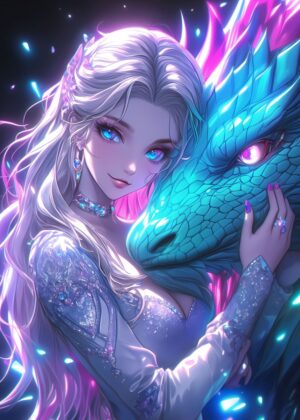 Neon Dragon Girl: A Fantasy Art Print - Premium Wooden Framed Poster. Ready to Hang.