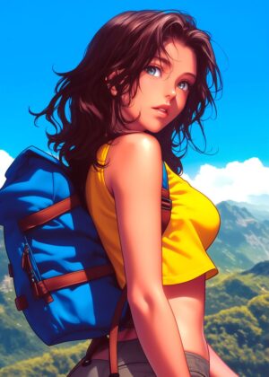 Hiking Backpack Girl: A Vibrant Summer Adventure Illustration - Premium Wooden Framed Poster. Ready to Hang.