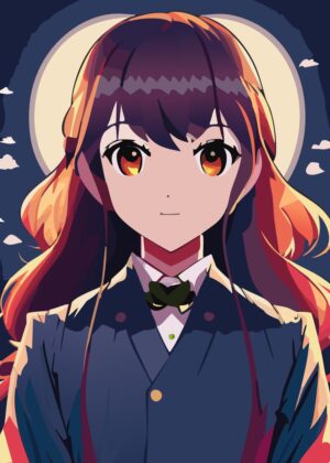 Anime Girl with Long Hair Under the Moon - Premium Wooden Framed Poster. Ready to Hang.
