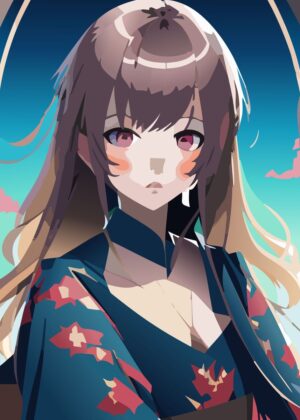 Anime Girl in Traditional Kimono - Premium Wooden Framed Poster. Ready to Hang.