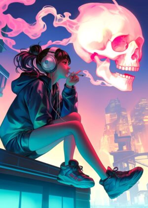 Cyberpunk Anime Girl Smoking with Skull Vapor - Premium Wooden Framed Poster. Ready to Hang.