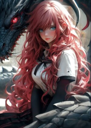 Adorable Anime Dragon Girl Art Print - Premium Wooden Framed Poster. Ready to Hang.