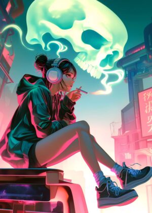 Cyberpunk Anime Girl Smoking with Skull Vapor - Premium Wooden Framed Poster. Ready to Hang.