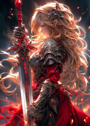 Swordsman Angel: A Fiery Digital Painting - Premium Wooden Framed Poster. Ready to Hang.