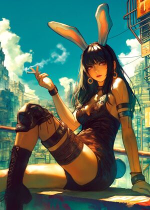 Cyberpunk Bunny Girl Art Print - Premium Wooden Framed Poster. Ready to Hang.