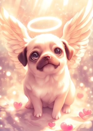 Adorable Angel Pug: A Heavenly Digital Artwork - Premium Wooden Framed Poster. Ready to Hang.