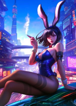 Cyberpunk Bunny Girl Art Print: Neon Nights - Premium Wooden Framed Poster. Ready to Hang.