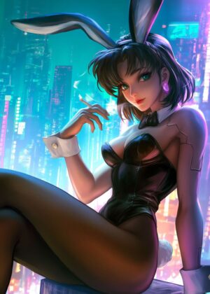 Cyberpunk Bunny Girl: Neon Dreams - Premium Wooden Framed Poster. Ready to Hang.