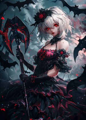 Grim Reaper Anime Girl: Dark Fantasy Art Print - Premium Wooden Framed Poster. Ready to Hang.