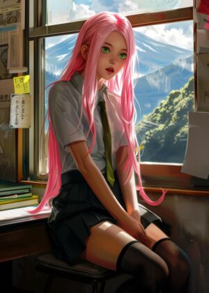 Anime Schoolgirl by the Window - Premium Wooden Framed Poster. Ready to Hang.