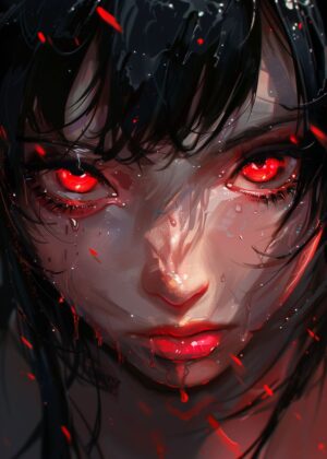 Fiery Gaze: Red-Eyed Anime Girl Art Print - Premium Wooden Framed Poster. Ready to Hang.