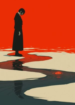 Crimson Reflections: A Melancholic Journey - Premium Wooden Framed Poster. Ready to Hang.