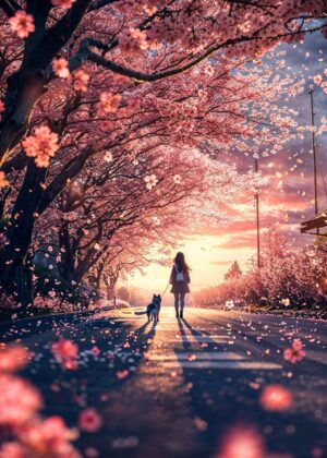 Anime Girl Walking Dog Under Cherry Blossoms - Premium Wooden Framed Poster. Ready to Hang.