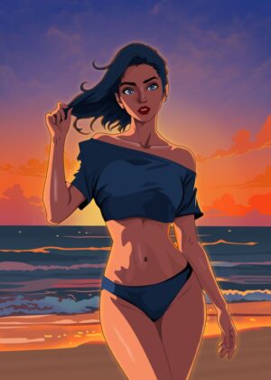 Sunset Siren: A Captivating Beach Scene - Premium Wooden Framed Poster. Ready to Hang.