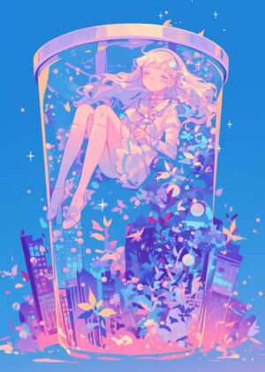 Peaceful Dreamscape: A Whimsical Anime Art Print - Premium Wooden Framed Poster. Ready to Hang.