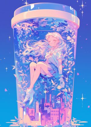 Peaceful Dreamscape: Anime Girl in a Jar - Premium Wooden Framed Poster. Ready to Hang.