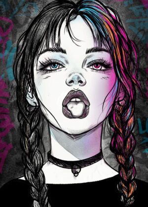 Rebellious Spirit: A Girl's Portrait in Bold Color and Style - Premium Wooden Framed Poster. Ready to Hang.