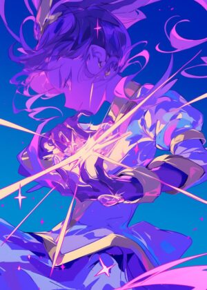 Vibrant Anime Girl Artwork: Celestial Power - Premium Wooden Framed Poster. Ready to Hang.