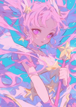 Aesthetic Anime Girl: Dreamy Pink and Purple Fantasy Art Print - Premium Wooden Framed Poster. Ready to Hang.