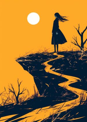 Melancholy Vista: A Solitary Figure on a Clifftop - Premium Wooden Framed Poster. Ready to Hang.