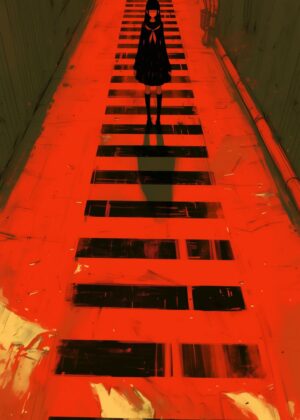 Crimson Crossroads: A Girl's Silent Journey - Premium Wooden Framed Poster. Ready to Hang.