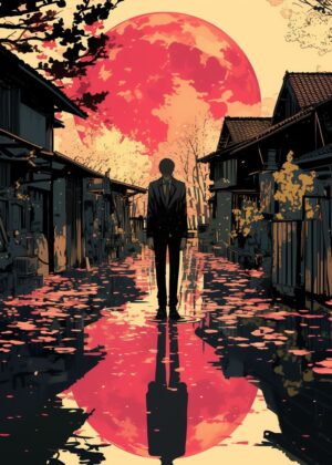 Crimson Moon Reflection: A Moment of Solitude - Premium Wooden Framed Poster. Ready to Hang.