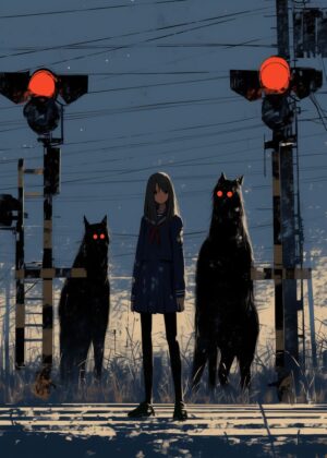 Mysterious Girl and Shadowy Beasts at the Crossing - Premium Wooden Framed Poster. Ready to Hang.